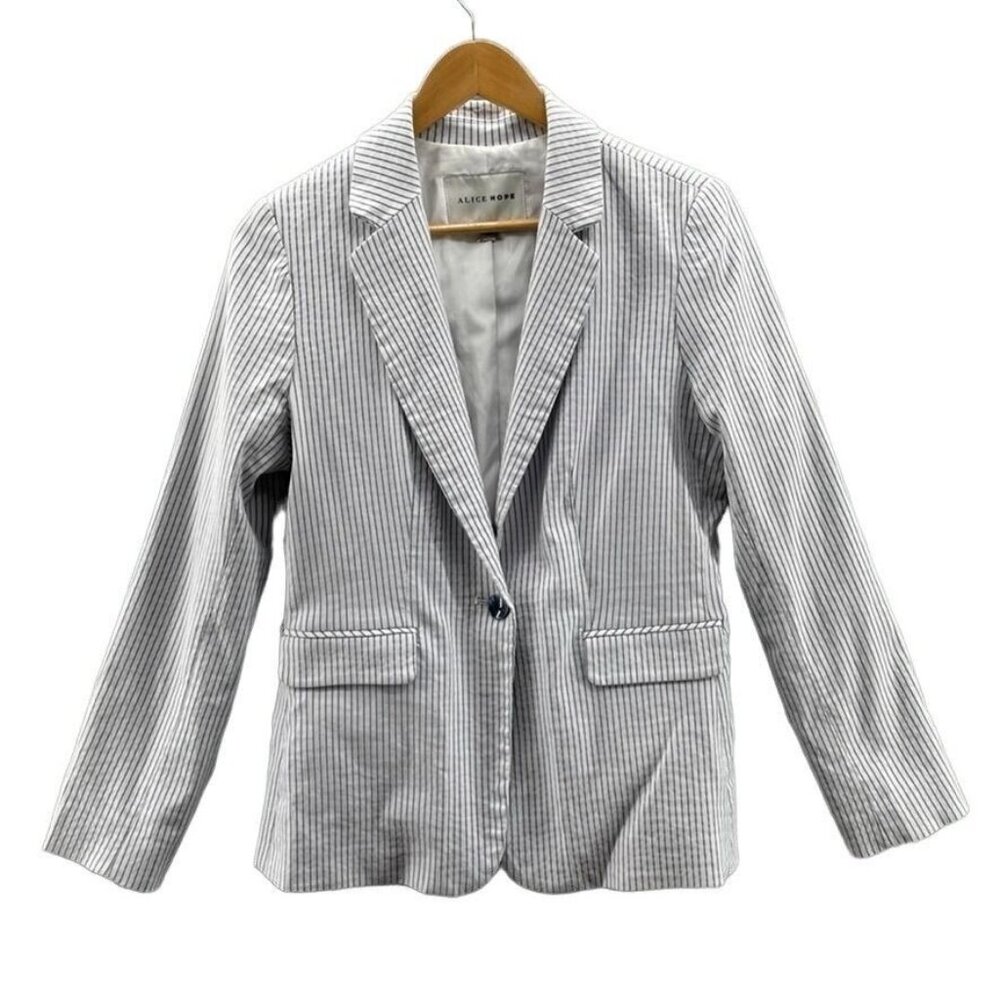 ALICE HOPE Blazer Jacket Womens Medium White Blue‎ Stripe Nautical Pockets Lined